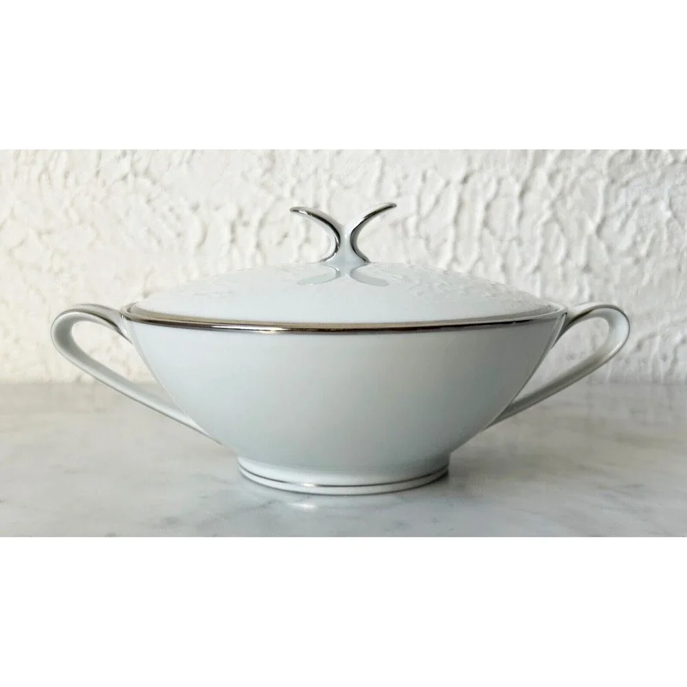 Vintage Noritake Colony China Japan Sugar Bowl & Lid White Platinum Trim